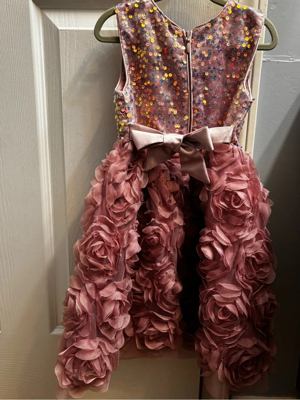 Girls Mauve Sequin Bodice Rosette Skirt Party Dress